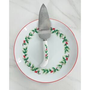 Vintage Lillian Vernon Christmas Cake Plate & Server Set Porcelain Holly w/Box